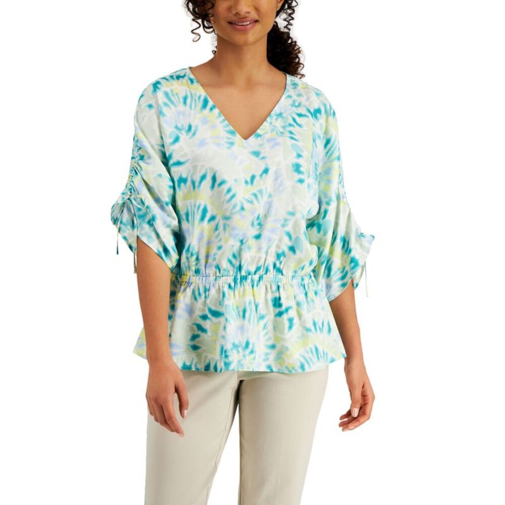 JM Collection Printed V Neck Gathered Waist Top